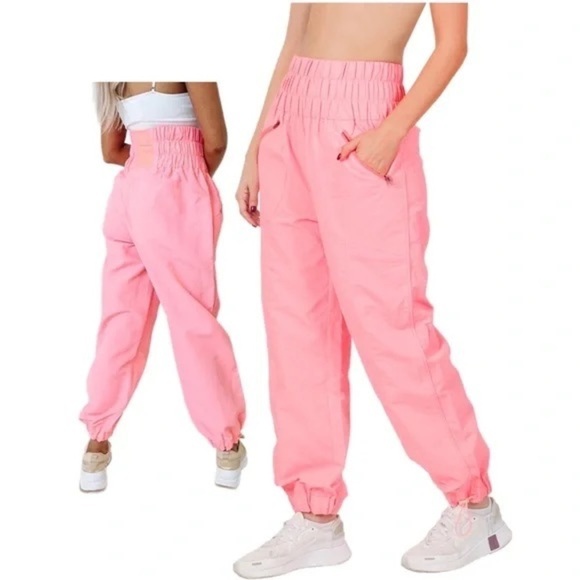 ZENANA Windbreaker High Waist Jogger Pants Zip Closure Side Pocket Bright Pink M - Picture 1 of 12